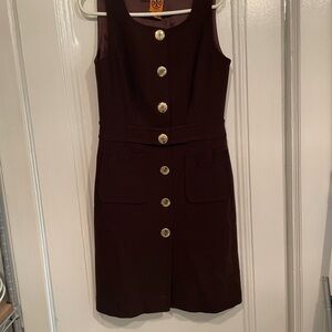Tory Burch dark chocolate brown wool/elastane work dress. Gold button details.